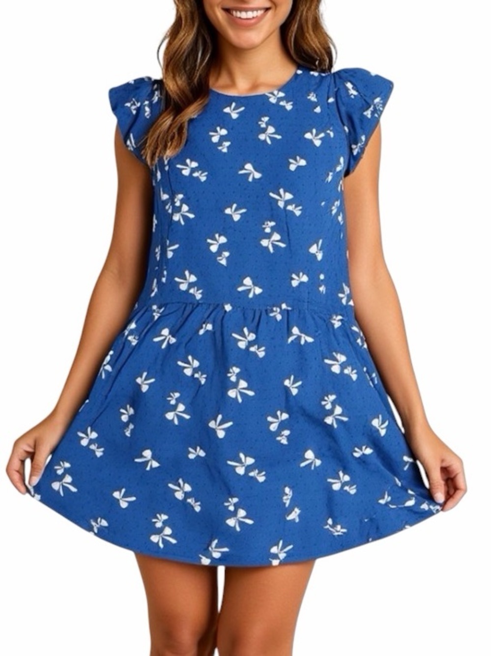 Cooperative Blue Bow Print Pleated Dress Short Sleeve Size L